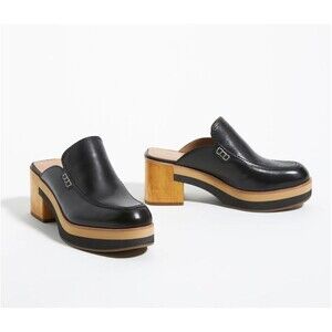 Bernardo Black Leather Block Heel Mules Slides Women’s 10M Square Toe Clogs